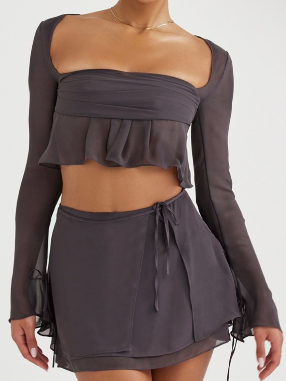 House of CB Athena Shadow Long Sleeve Floaty Top and Clarice Shadow Flowy Skirt